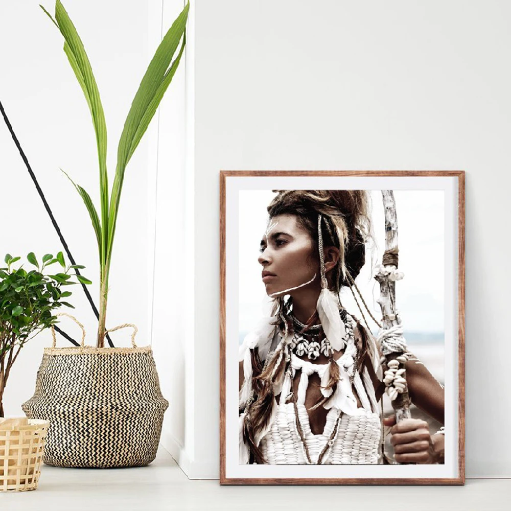 White Feather Gypsy Woman Posters and Prints Scandinavian Boho Pocahontas Native Wall Art Canvas Painting Room Decor