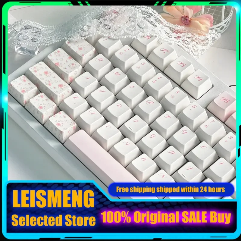 NEUE florale Tastenkappen, Kirschprofil, thermische Sublimation, PBT, personalisierbar, rosa, weiß, kleine frische Serie, mechanische Tastaturkappe
