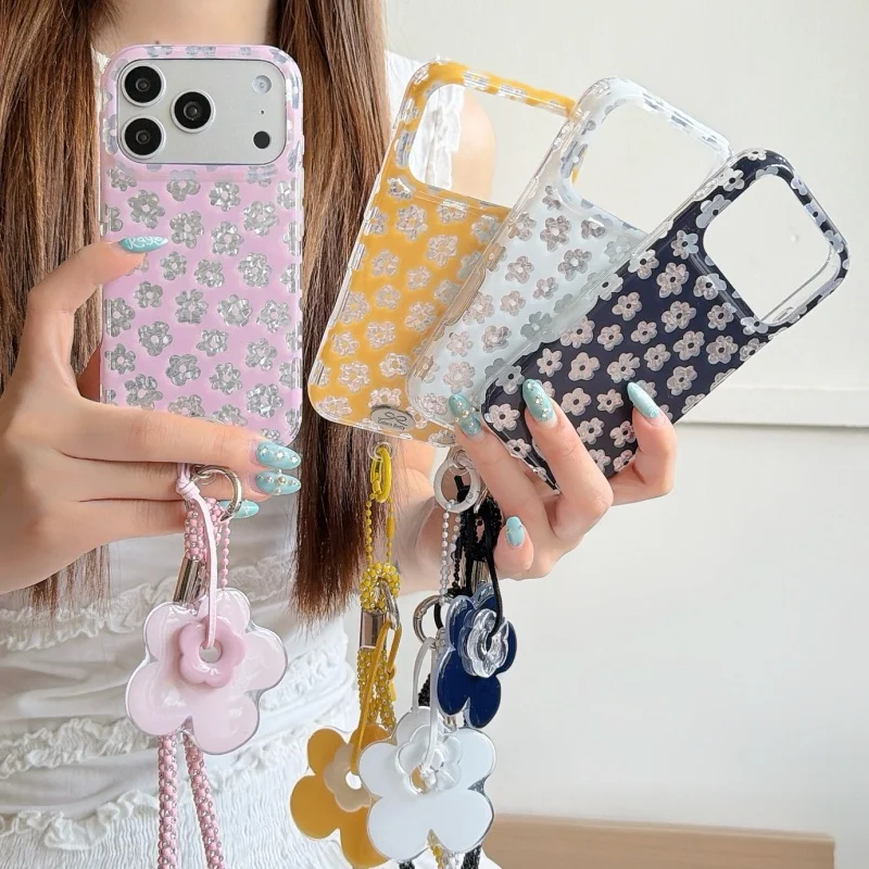 Fashion Color Laser Flower Painting Phone Case For iPhone 17 Pro 16 15 Pro Max Cover with Hand Rope Korean Cute Cases For iPhone