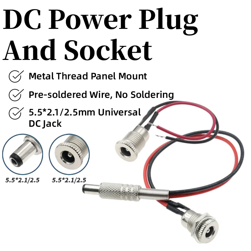 1PCS DC099 5.5 x 2.1mm 5.5 x 2.5mm DC Power Socket Threaded Female Connector Adapter With 20AWG Cable Wires DC-099 10CM 20CM