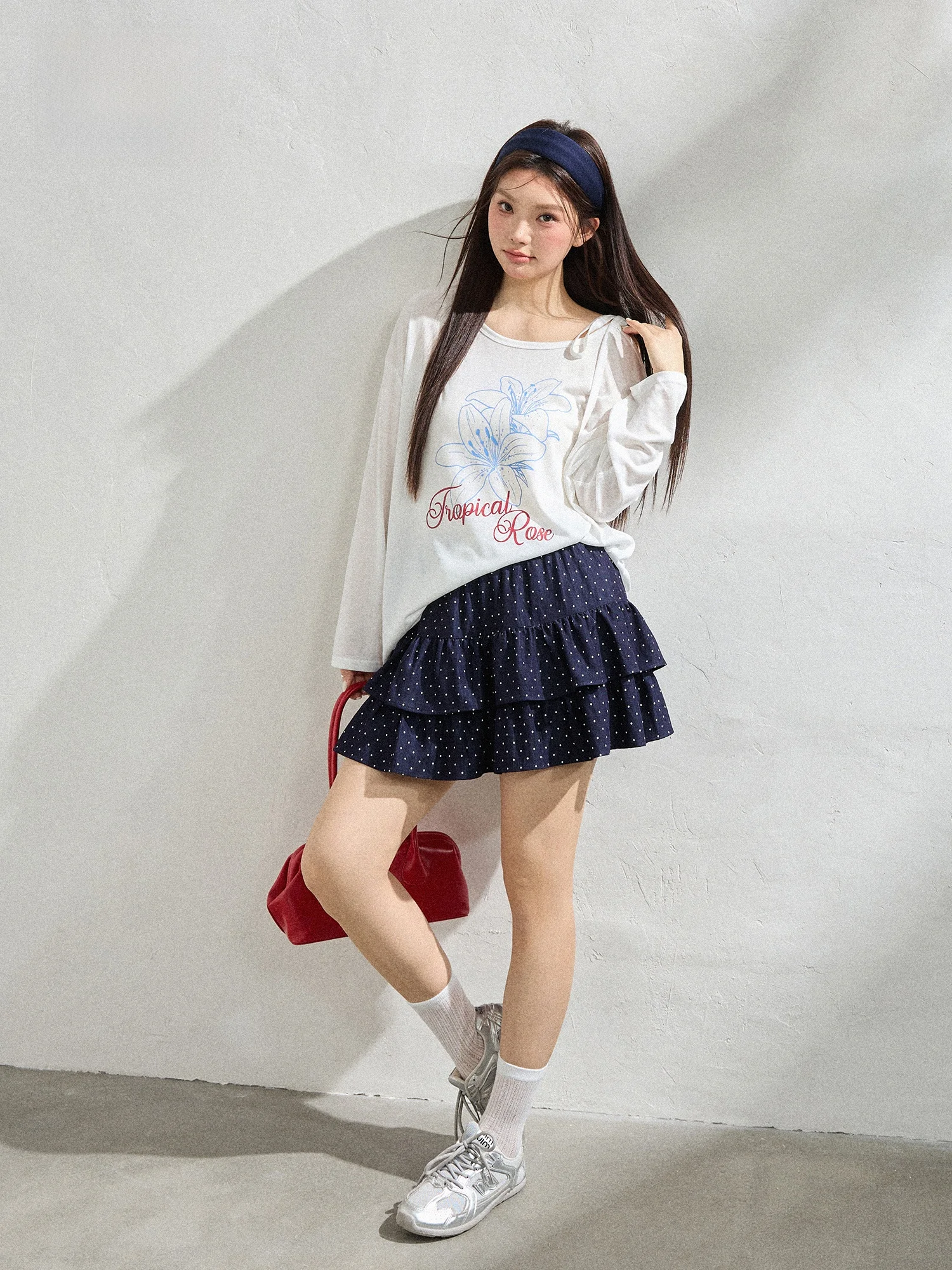 

plus Size Korean Sle Spring Outfit Floral White Blouse Polka Dot f Skirt Set for plus Size Women Casual High Waist