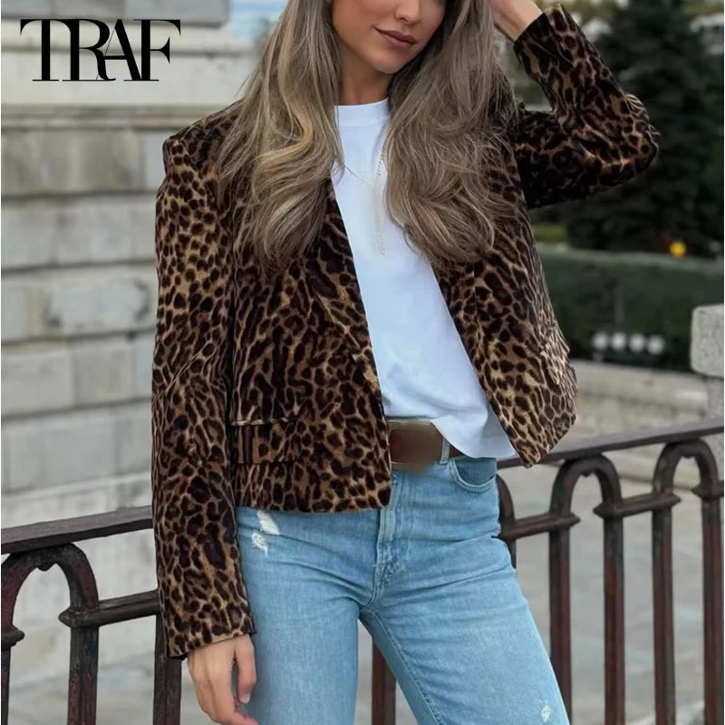 TRAF Leopard Print Blazer for Women Luxury Velvet Women\'s Blazers Suit Set Long Sleeve Office Blazer Woman Fashion Outerwears