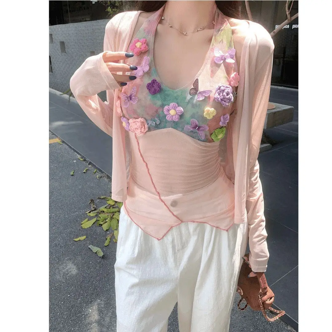 Two sets of Sweet Spice Girls Heavy Industry three-dimensional fashion flower neck vest + summer cardigan top