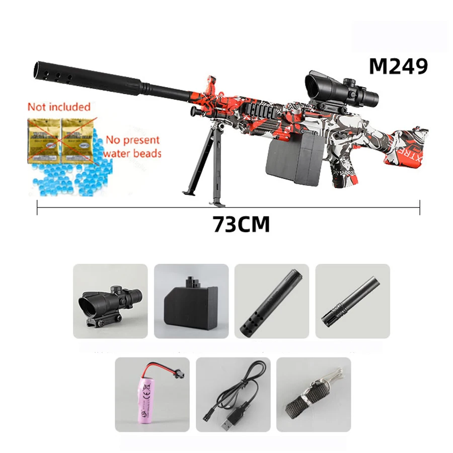 Nouveau modèle de pistolet jouet à Gel électrique M249, cadeau de fête des enfants pour garçon avec batterie 3.7V et câble de chargement USB