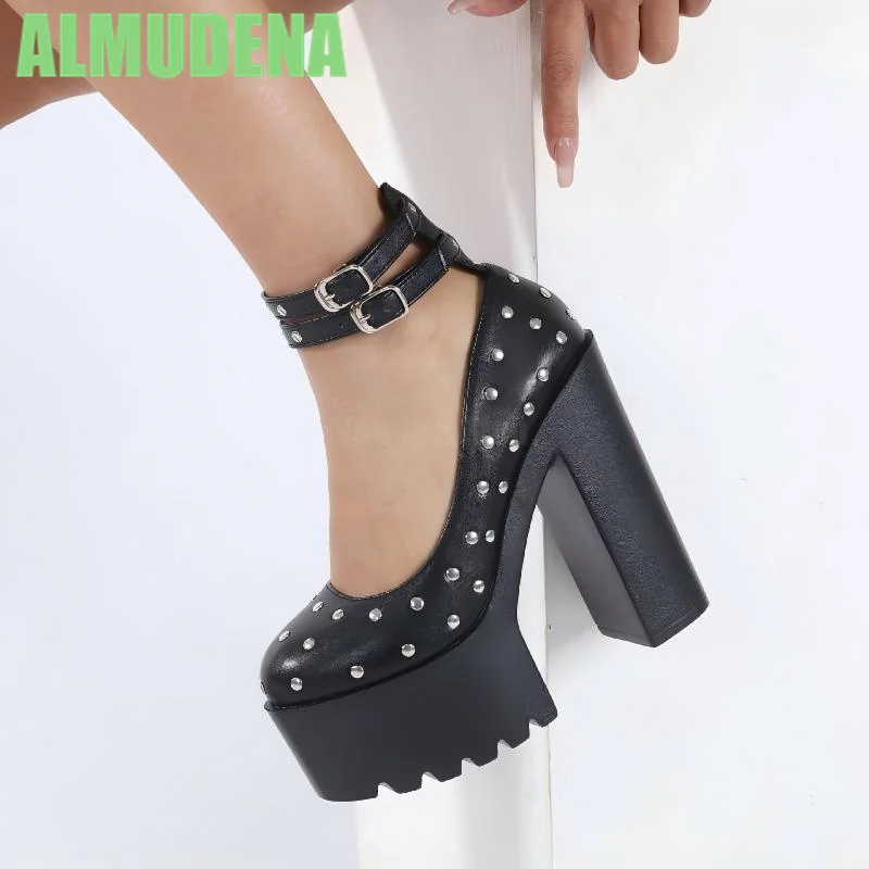 

Rivet Single Shoe Punk Style Fashionable Round Toe Thick Sole Waterproof Platform Thick Heel Ankle Buckle Design High Heels