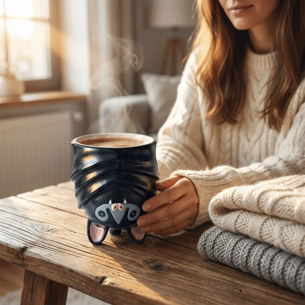 

Drinking Ware Creative Inverted Bat Shaped Mug Funny Upside Down Bat Coffee Mug Cartoon Decoration Bat Tea Cup Living Room