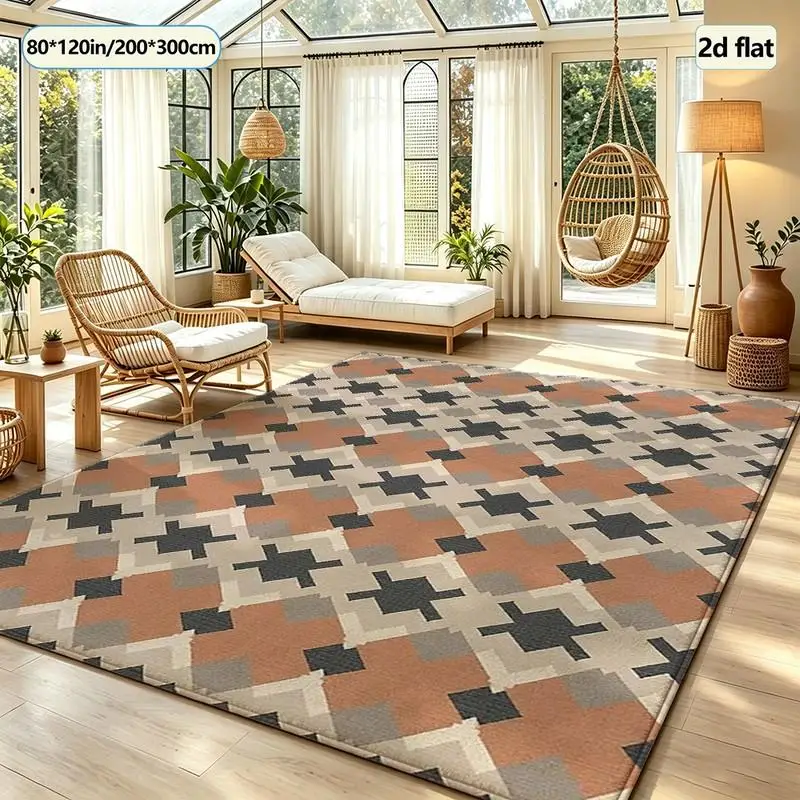 Bohemian Style Geometric Cross Diamond Carpet, Vintage Square Carpet, Non-Slip Decorative Rug Suitable for Home Living Spaces