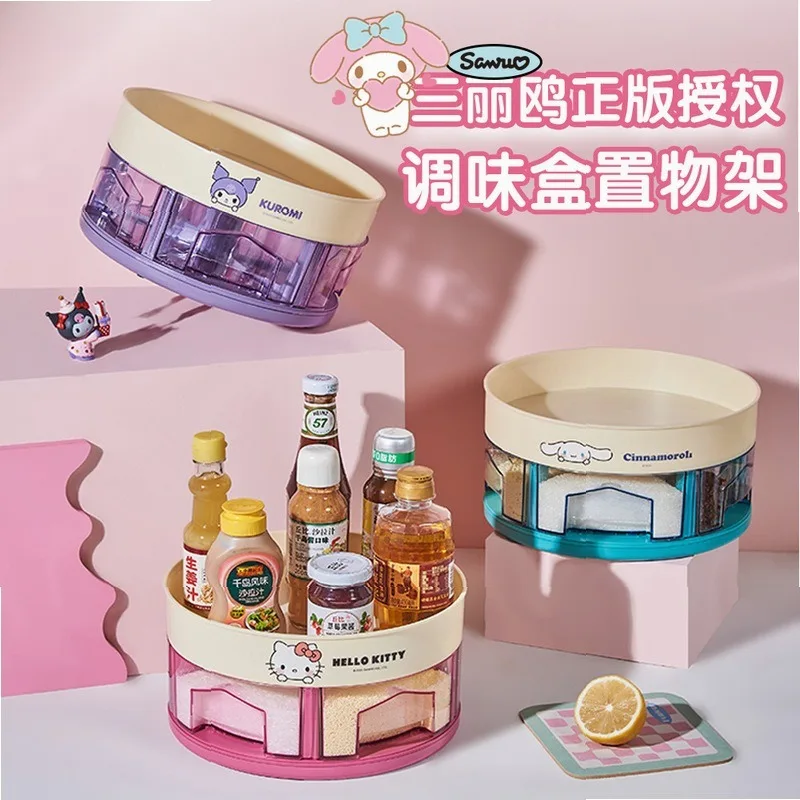 Sanrio Rotating Spice Rack Multi-Grid Countertop Seasoning Jar Salt Pepper Shaker Solid Condiment Storage Organizer