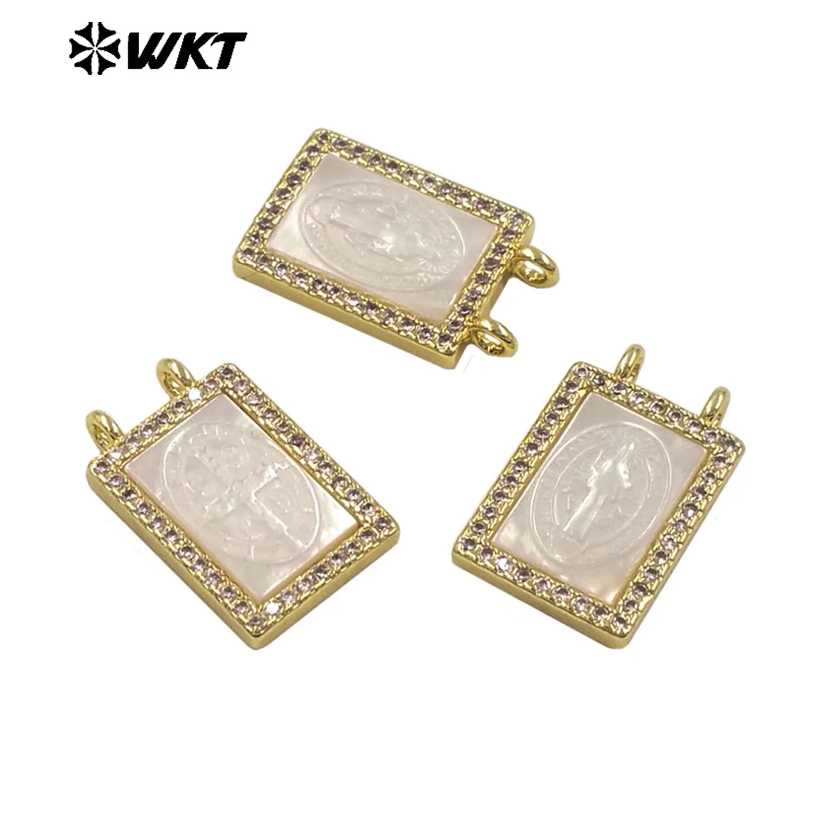 WT-JP484 Fashion Newest Religious Style Gold Plated White Shell Samll Pendant With Double Hoops For Women Necklace Making