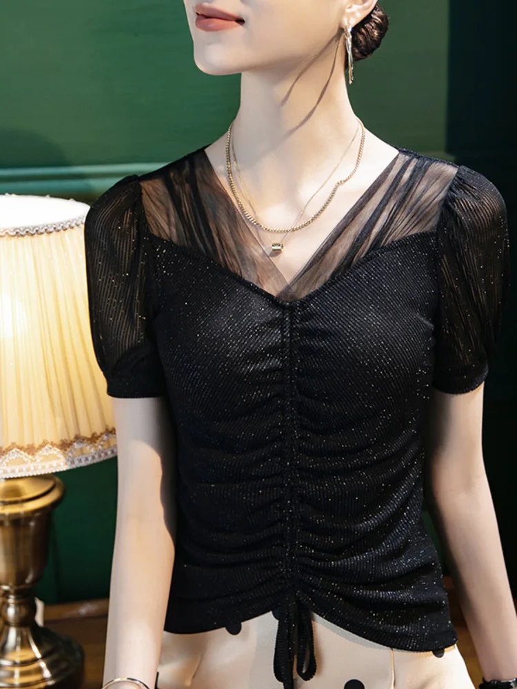 2022 New Black Bright Silk Mesh Spliced Top Women's Bubble Temperament Short Sleeve Sexy T-Shirt Summer Dress