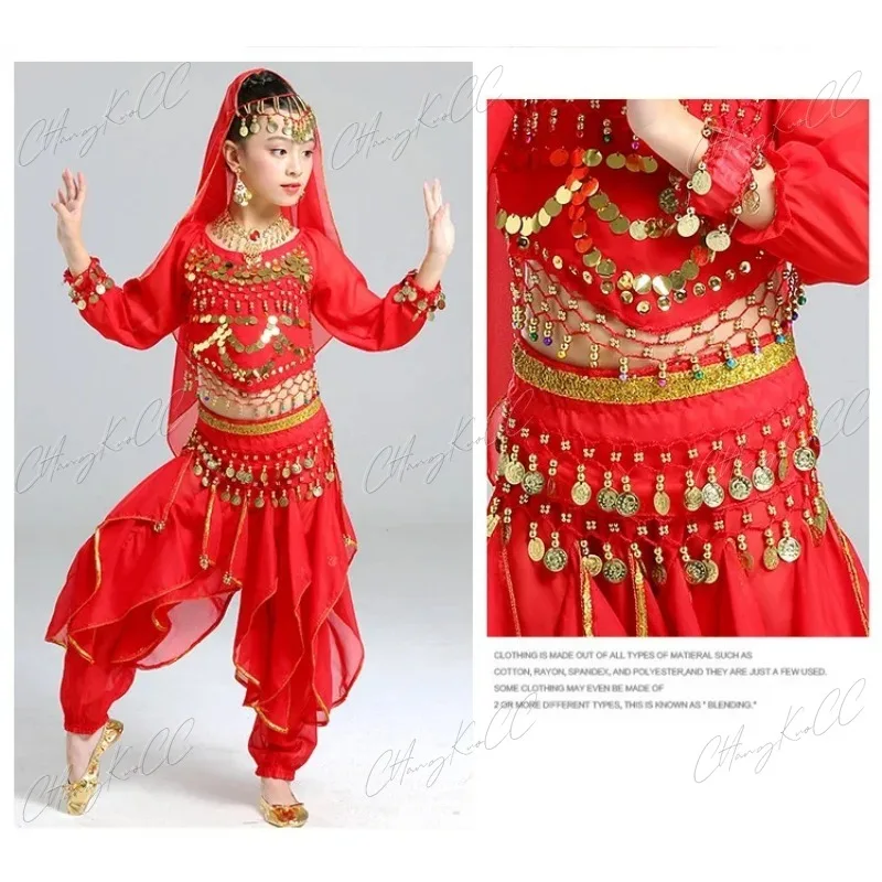 Tanz kleidung Kinder Bauchtanz Kostüm Set Mädchen indische Blumen Outfit 5 stücke (Top Gürtel Rock Schleier Kopf bedeckung)