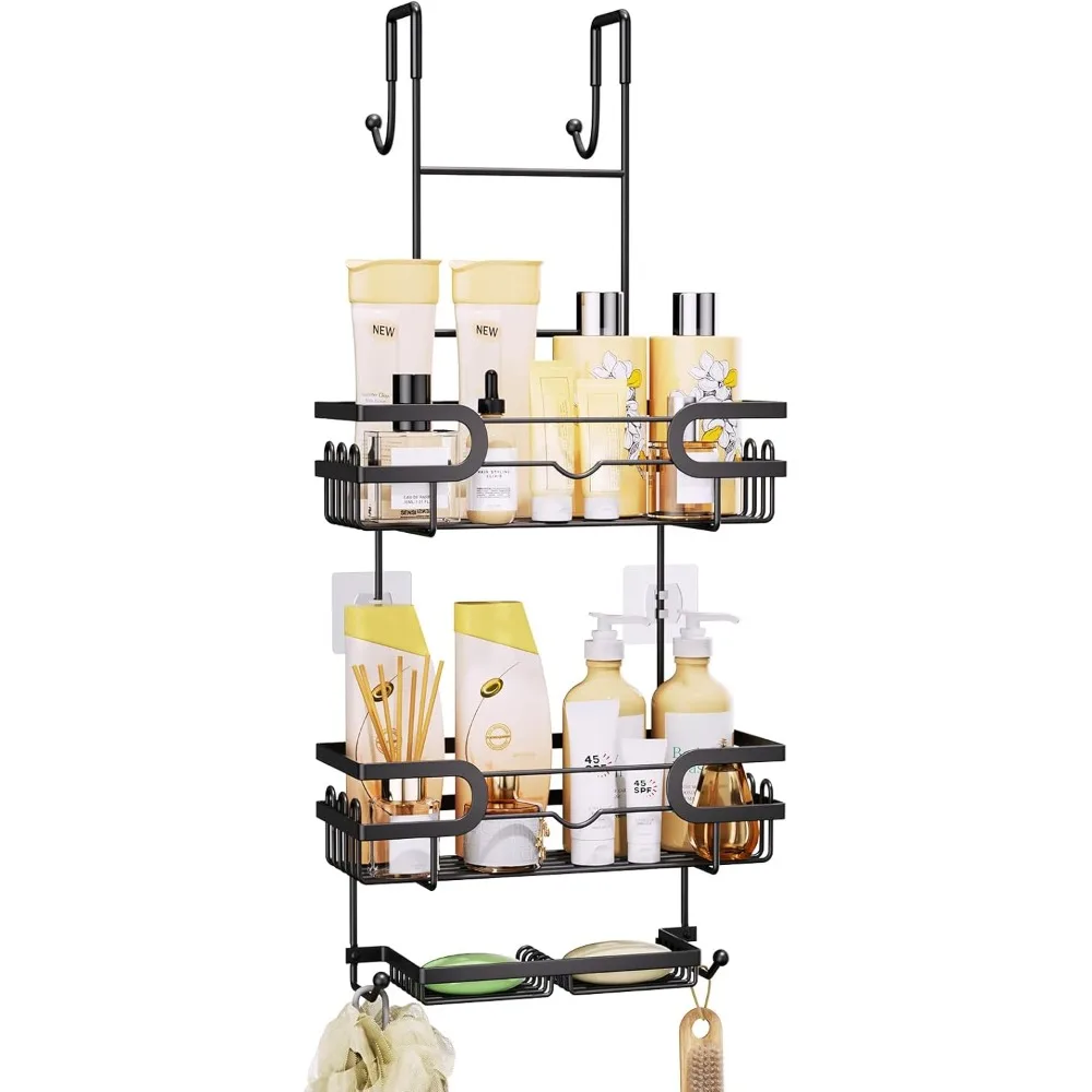 

Over-the-Door Shower Caddy – Double Soap Holder, 16 Hooks, No-Drill Bathroom Organizer, Black