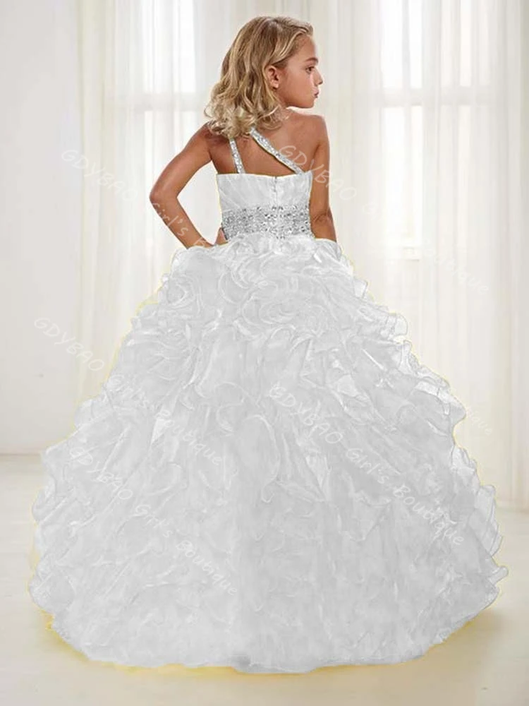 Vestido de desfile amarillo para niñas, vestido de princesa de Organza escalonado con un hombro de cristal, vestido de flores para boda, ropa personalizada para niños