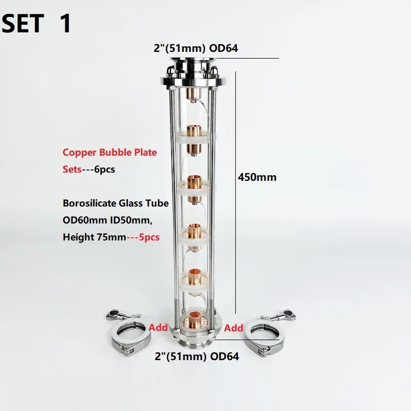 2 Inch OD 64mm Distillation Column with 6 Copper Bubble Plates 6 Layer High Quality Glass Tower for Home Brewing Distilling