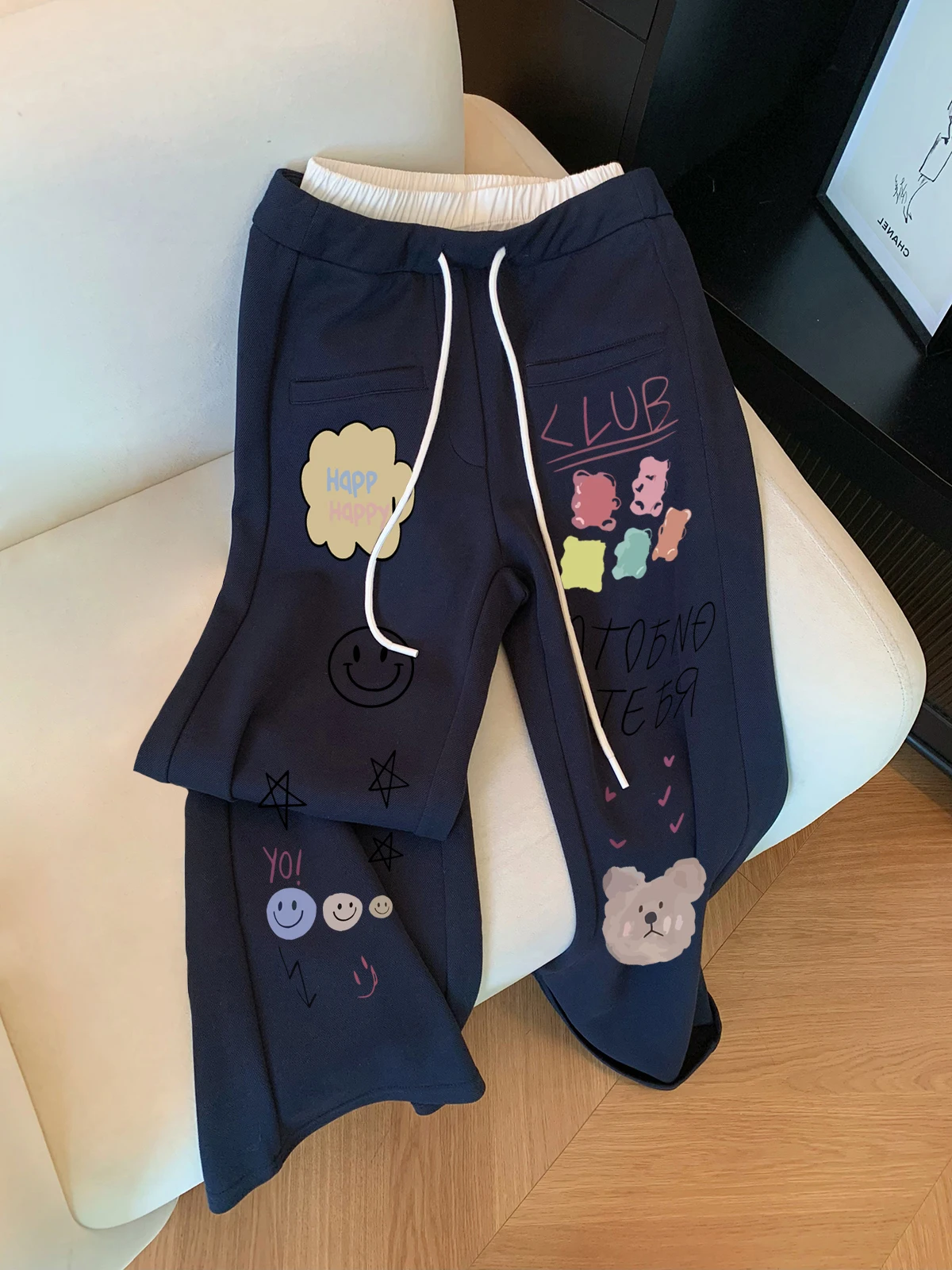 캐주얼 하이웨이스트 패치워크 스포츠 팬츠 남녀공용 봄 가을 스트레이트 레깅스 바지 안티에이징 프린트 드로스트링