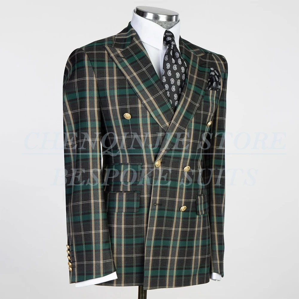 Vintage Plaid Pattern Men's Suits Luxury Double Breasted Peak Lapel Skinny 2 Piece Jacket Pants Sets Formal Male Clothing