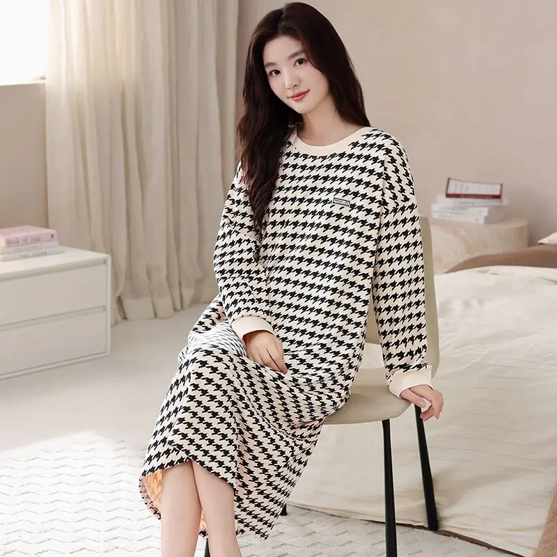 

Новинка 2023 года, осенние ночные рубашки больших размеров из 100% хлопка с длинными рукавами для женщин, корейская свободная одежда для сна, ночное платье, ночная рубашка, домашняя ночная рубашка