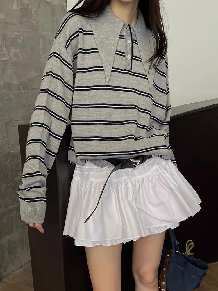

Korejpaa Корейская мода Pull Femme Элегантный ретро контрастный цвет в полоску Повседневный топ с длинными рукавами Нежные осенние свитера для похудения