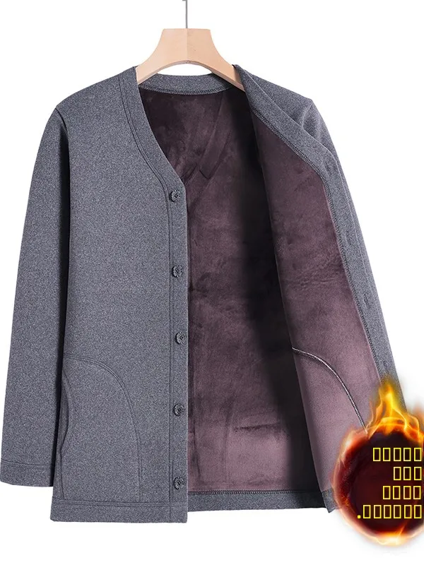 

Thiened Fce Lined Men's Cardigan Cotton Jaet V-Ne Warm Large Size Pure Color German Velvet Winter Outerwear Coat