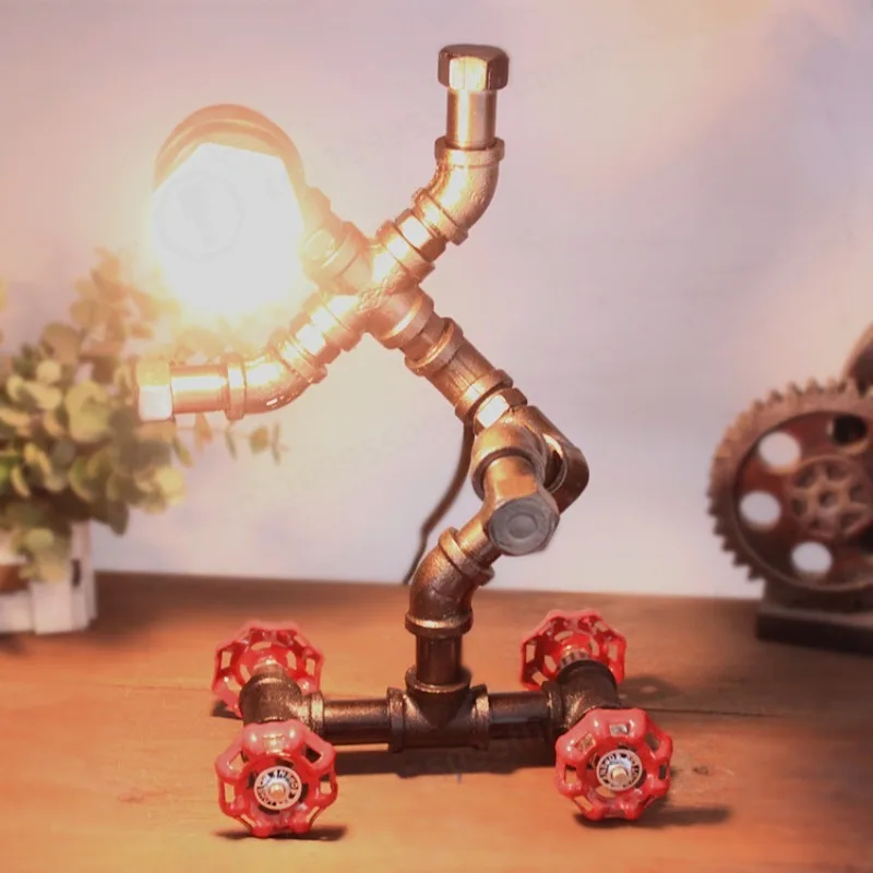 Retro Metal Pipe Robot Table Lamp Industrial Desk Light for Bar Cafe Home Decor