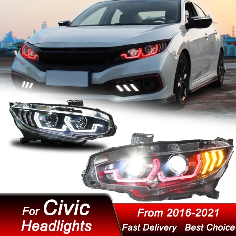

Pop Car Styling Headlights For Honda Civic 10G 2016-2021 New Style Full LED Headlamp Assembly Upgrade Projector Lens Accessories