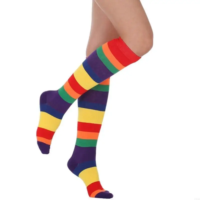 

195E Women Cotton Knee High Socks Rainbow Colorful Striped Cosplay Stretch Stockings
