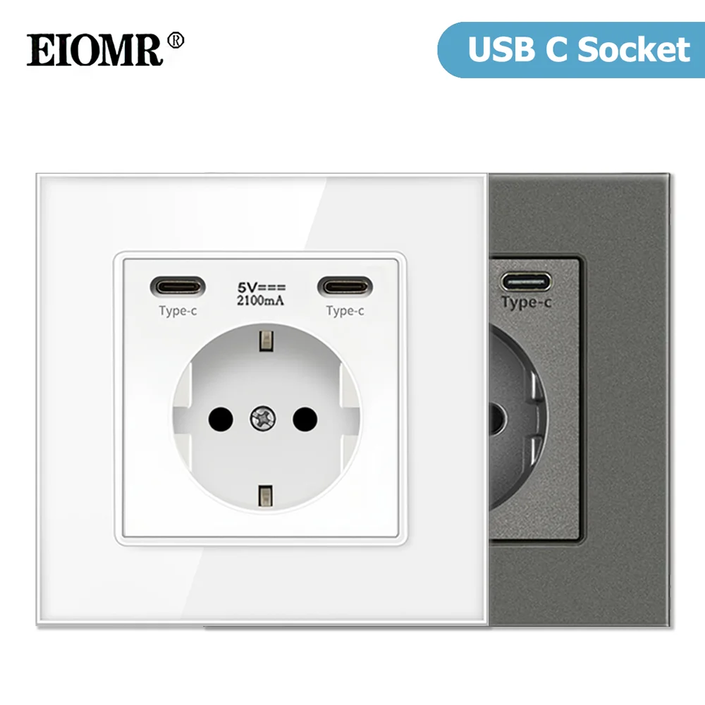 

EIOMR EU Standard USB-C Power Socket,AC 110-250V 16A Flush Mount Wall Socket,New Double 5V 2.1A USB-C Standard Electrical Outlet