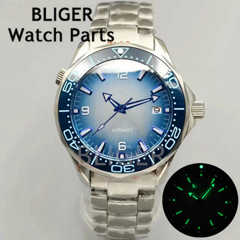 

BLIGER 41mm round men's watch diving watch automatic mechanical stainless steel NH35 movement Green Luminous 10ATM waterproof