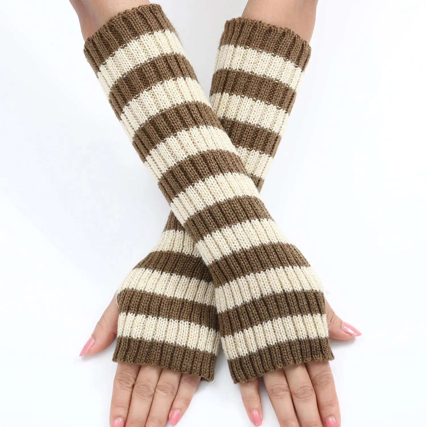 1 Pair New Long Fingerless Gloves Women Half Finger Autumn Winter Arm Warmer Striped Knitted Mitten Wrist Arm Sleeve Gifts