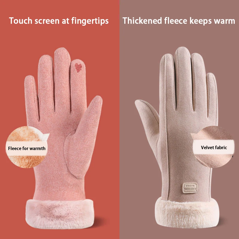 Winter Female Cashmere Warm Suede Leather Cycling Mittens Double Thick Velvet Plush Wrist Women Touch Screen Driving Gloves