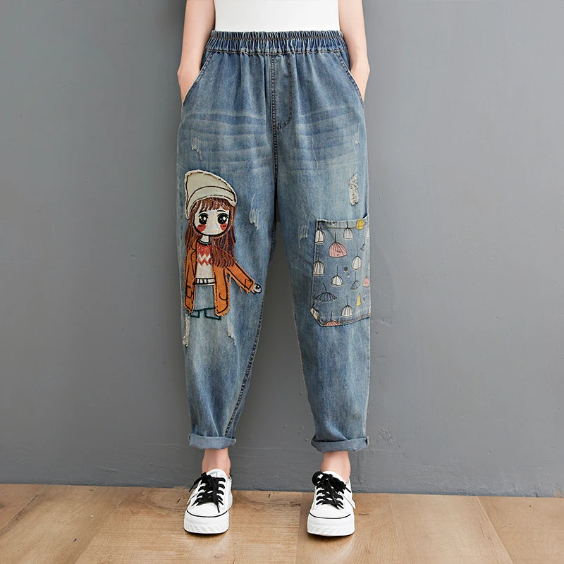 Embroidered Casual Denim Jeans for plus Size Women Spring Autumn Harlan Pants Versatile Cotton Blend Machine Washed