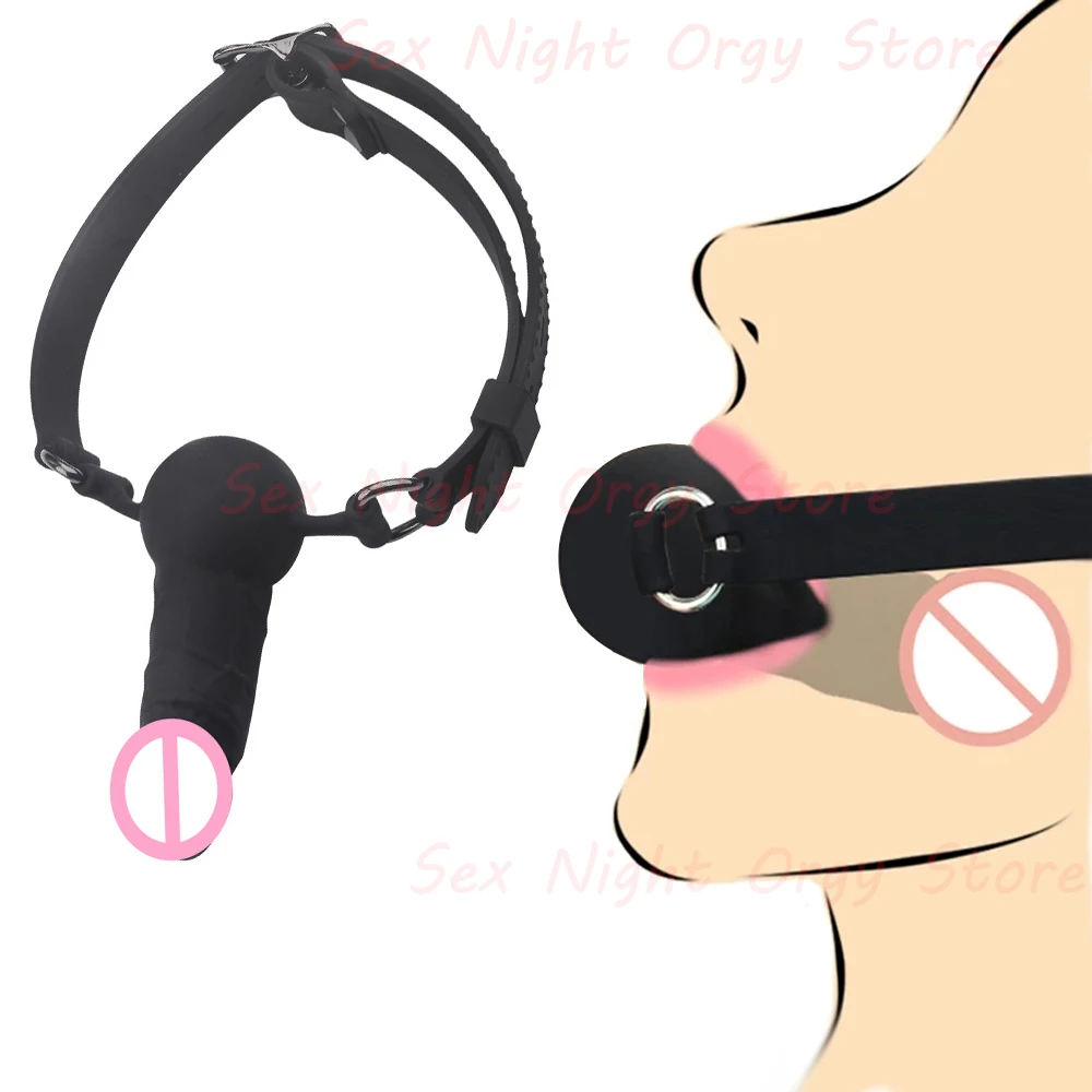 Silicone Penis Plug Dildo Open Mouth Gag,Mouth Penetration or Ball Gag Reversible Dual Use,Couple Bondage Lockable BDSM Sex Toys