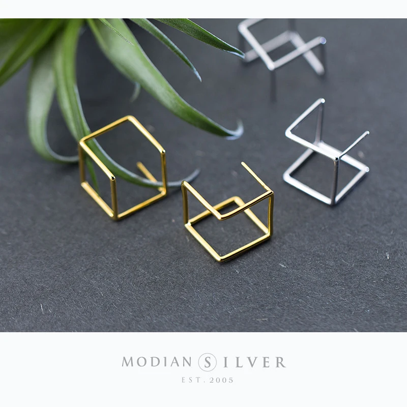 Modian Geometric Cube Square Gold Color Stud Earrings Charm Luxury 925 Sterling Silver Earring For Women Fine Silver Jewelry