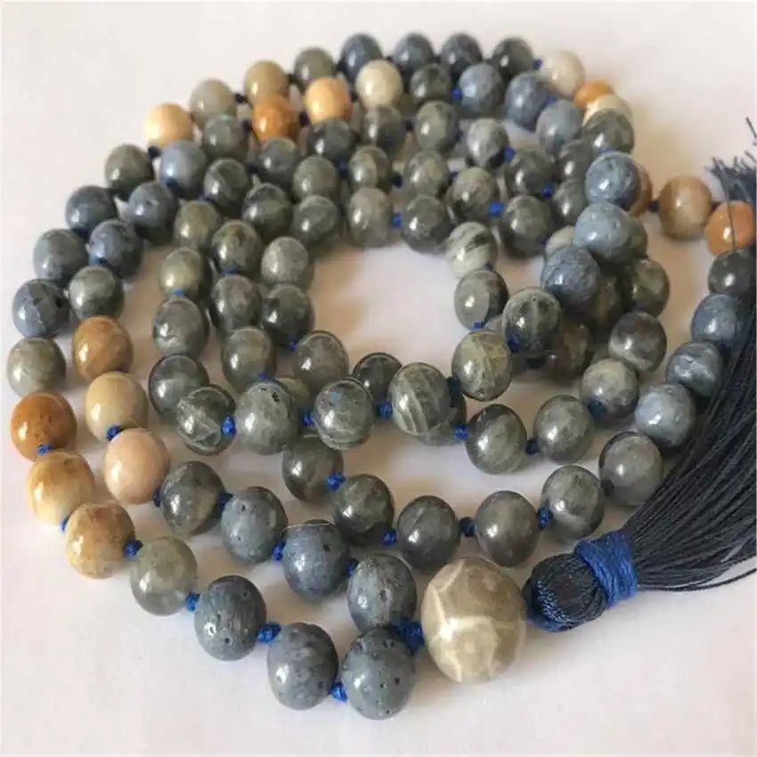 8mm Natural Labradorite 108 Beads Tassel Knot Necklace Couples Fashion Bohemian Trendy Rustic Gift Women Men's Mala Yoga