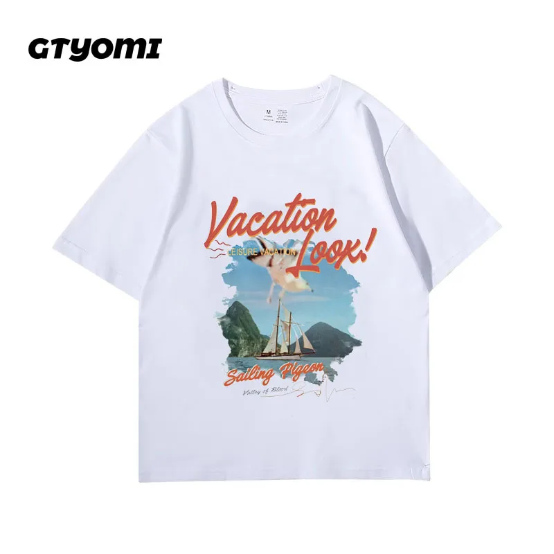 Vintage Retro Landscape Graphic Short sleev Shirt Cotton T-Shirt Streetwear Loose Korean O Neck Casual Harajuku Unisex Clothing