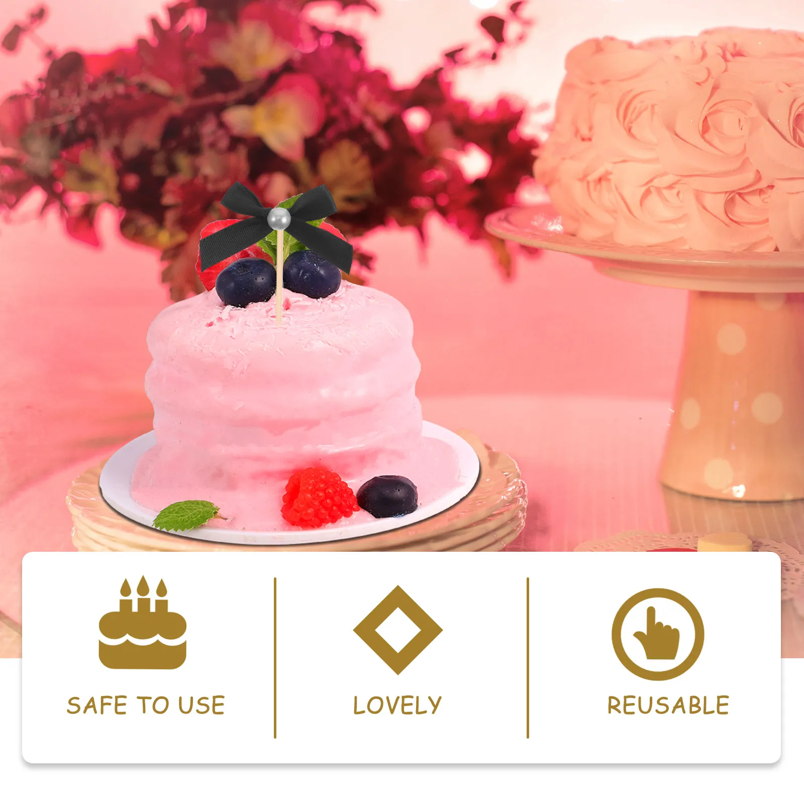 12Pcs Bowknot Ribbon Bow Cake Toppers with Imitation Pearl Elegant Bow Decorations for Wedding Shower Party Dessert