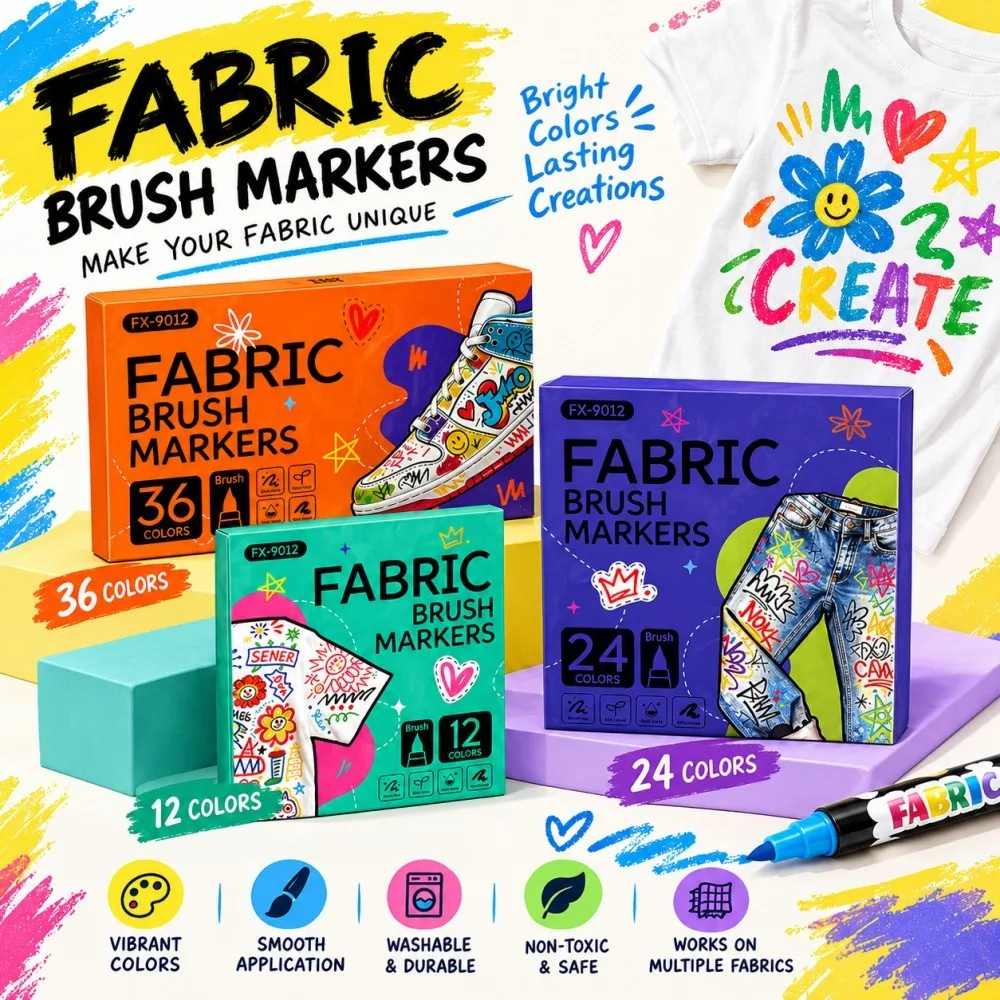 12/24/36 Colors Fabric Markers for Clothing Vibrant Brush Tip Textile Paint Pens for T-Shirts Canvas Shoes DIY Art Crafts Gifts