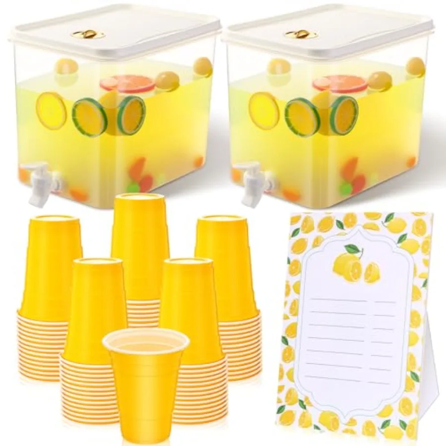 

103 Pcs Lemonade Stand Supplies 100 Pcs Plastic Lemonade Cups 2 Pack 2.3 Gallon Plastic Drink Dispenser with Spigot, Lemon Stan