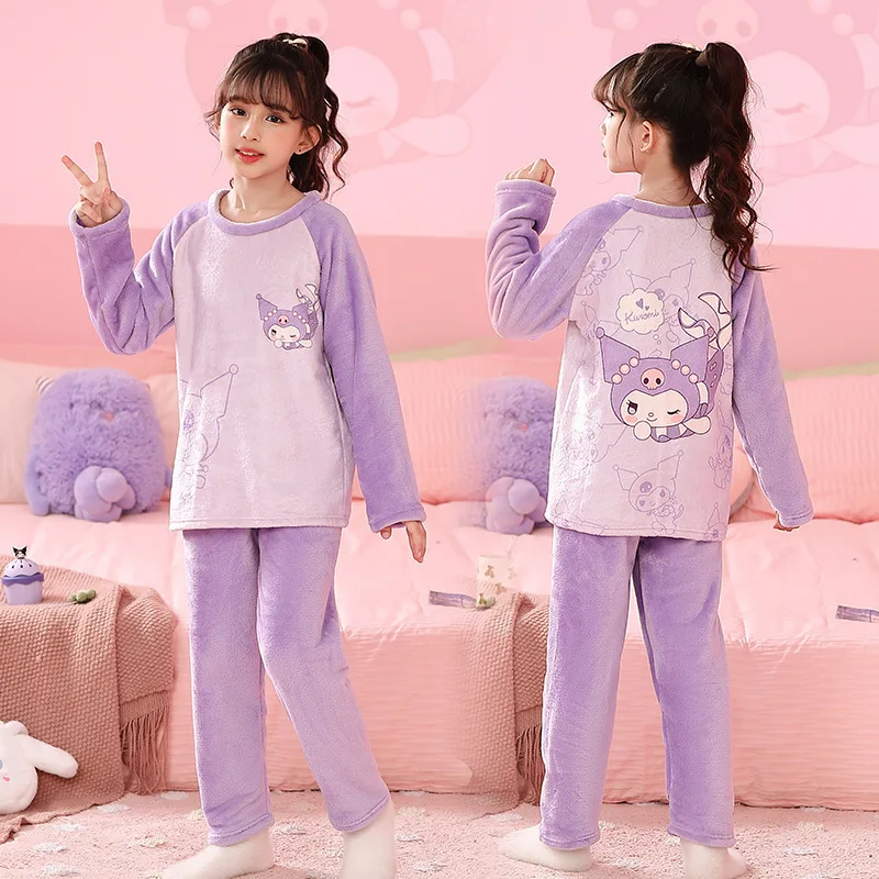 Miniso Children Pajama girl Sets Kawaii Anime Flannel Winter Kids Sleepwear Cute Autumn Pijamas Homewear Girl Warm Loungewear