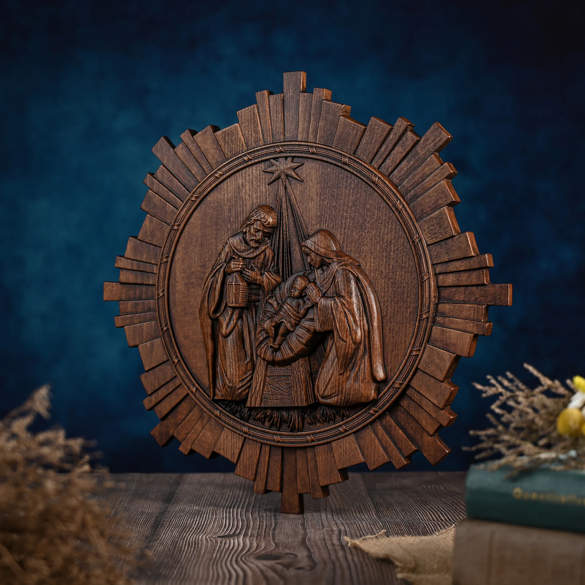 Three-Dimensional Relief Handicraft Wooden Jesus Birth Pendant Solid Wood Carving Holy Family Decoration Ornaments