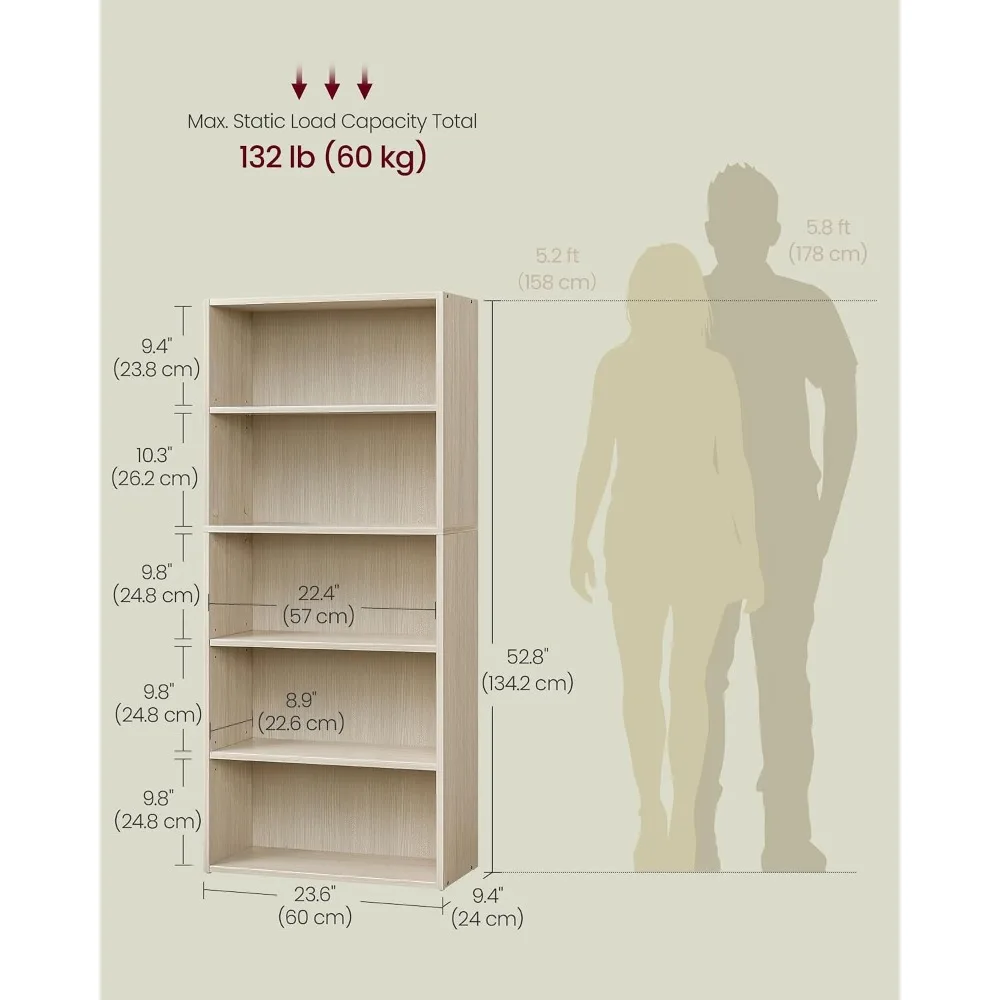 5-Tier Open Bookshelf - 9.4x23.6x52.8 Inches, Suitable for Living Room, Home Office, Dining Room, Natural Beige