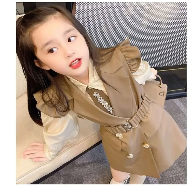 2023 Kids Clothes Shirt + vest + belt + tie 4pcs set Clothing For Girls Solid Color Girls Tracksuit Spring Autumn Kids Tracksuit