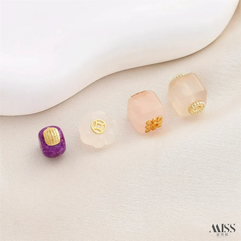 Natural Agate with Gold Cube Sugar Cat Paws Beaded Diy Bracelet Necklace Through Hole Loose Bead String Jewelry Accessories