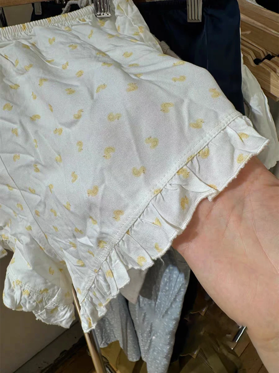 Little Yellow Duck Ruffles 반바지 여성 여름 신축성있는 허리 코튼 스트레이트 짧은 바지 Sweet Home Pajama New Y2k Sweatshorts