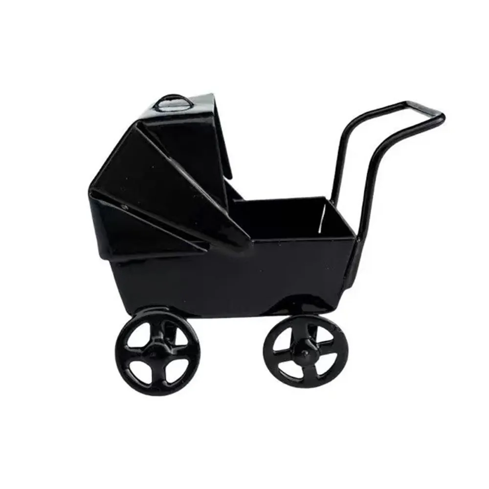 Realistic 1:12 Dollhouse Miniatures Mini Size Wheels Can Turn Baby Stroller Model Ornaments Wrought Iron Pram DIY Gifts