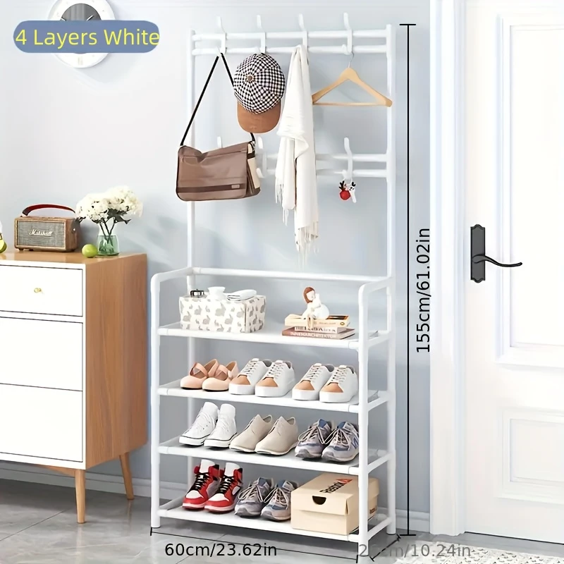 4 Layer Entry Coat Rack - Multi-Functional Metal Storage Rack with Storage 8 Double Hooks Ideal for Living Room Bathroom