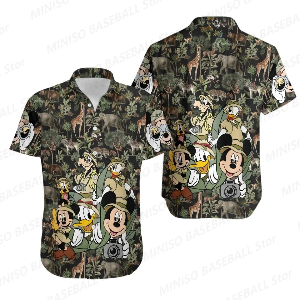 New Summer Disney Boy&Girl Mickey Mouse and Friends Primeval Forest Printed Pattern Shirt KID/Adult Casual Vacation Style Shirt