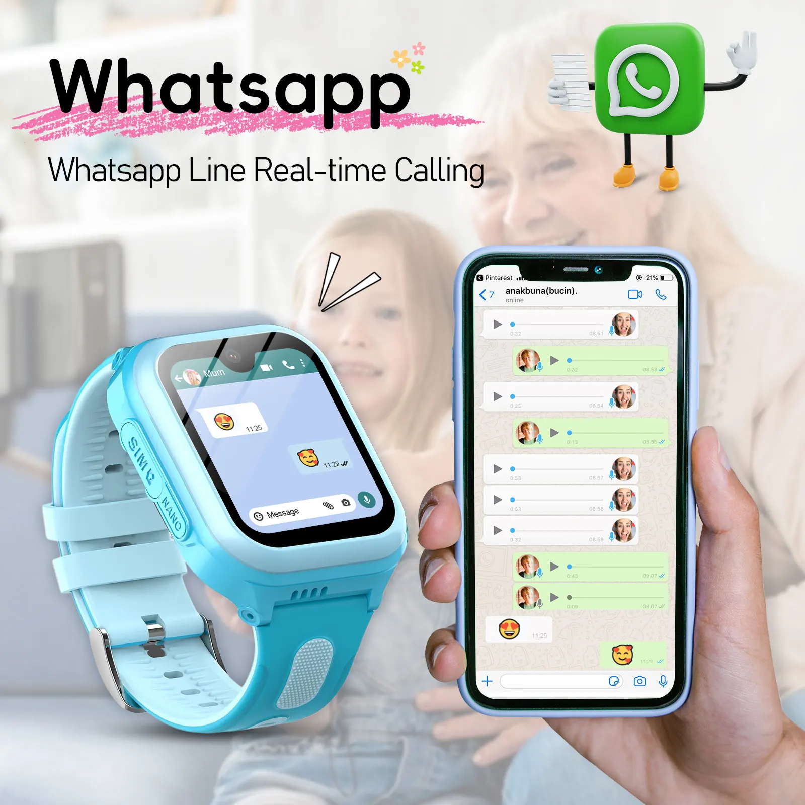 Wonlex 4G Smart Watch per bambini con tracciamento GPS/WiFi, videochiamate, fotocamera WhatsApp 1+8 GB di archiviazione - Orologio di sicurezza per bambini KT31