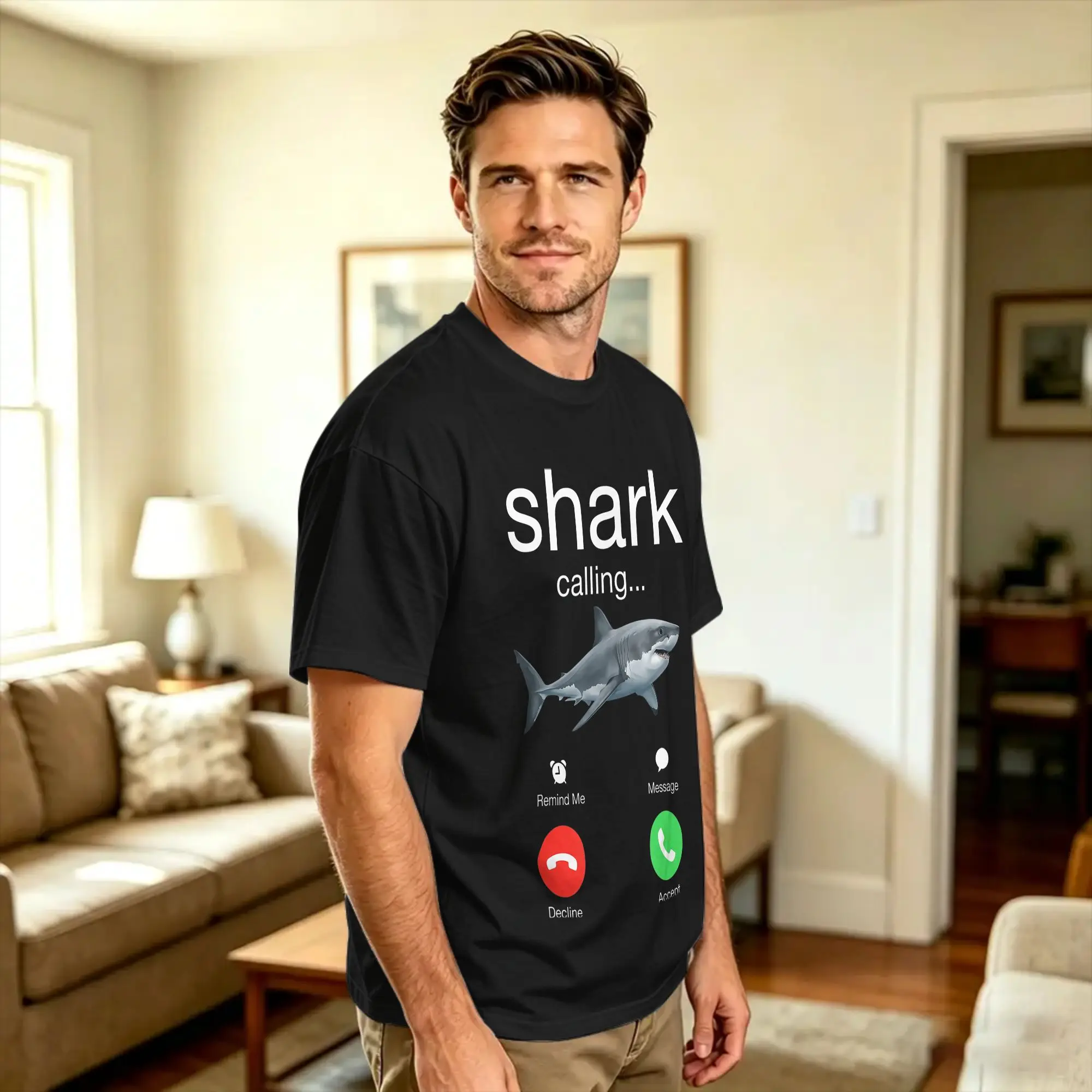 Shark Calling Decline Accept Phone Call Funny Fish Meme T-Shirt Summer  Y2K Fun T Shirts Cotton Novelty Tshirt For Men Clothing