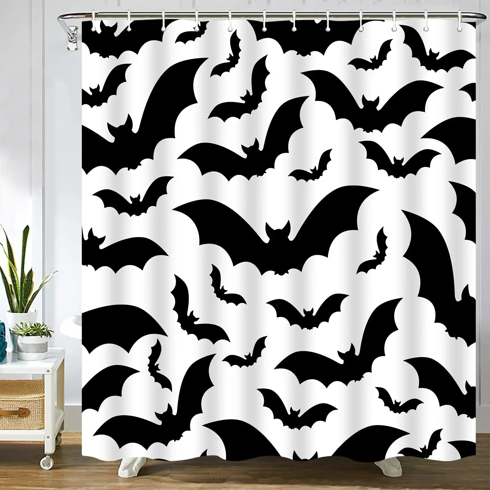 Spooky Shower Curtain Gothic Horror Halloween Black＆White Bats   Polyester Fabric Bathroom Bath s